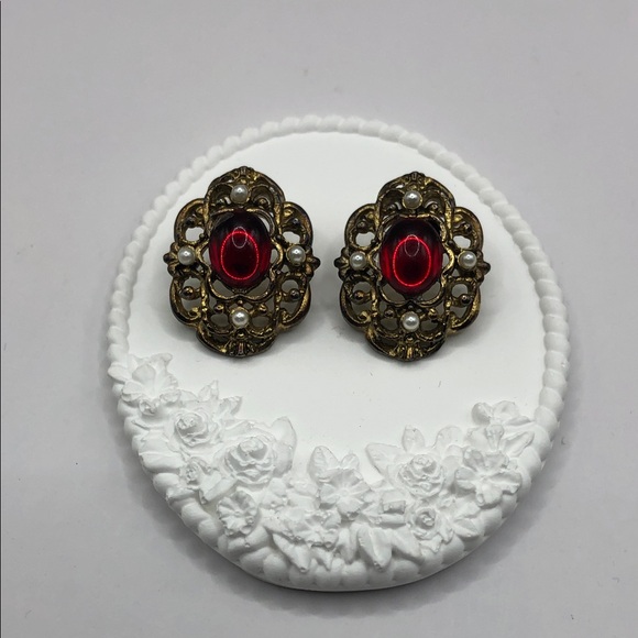 vintage Jewelry - Vintage Baroque Victorian Revival Costume Statement Dressy Earrings Antique Look